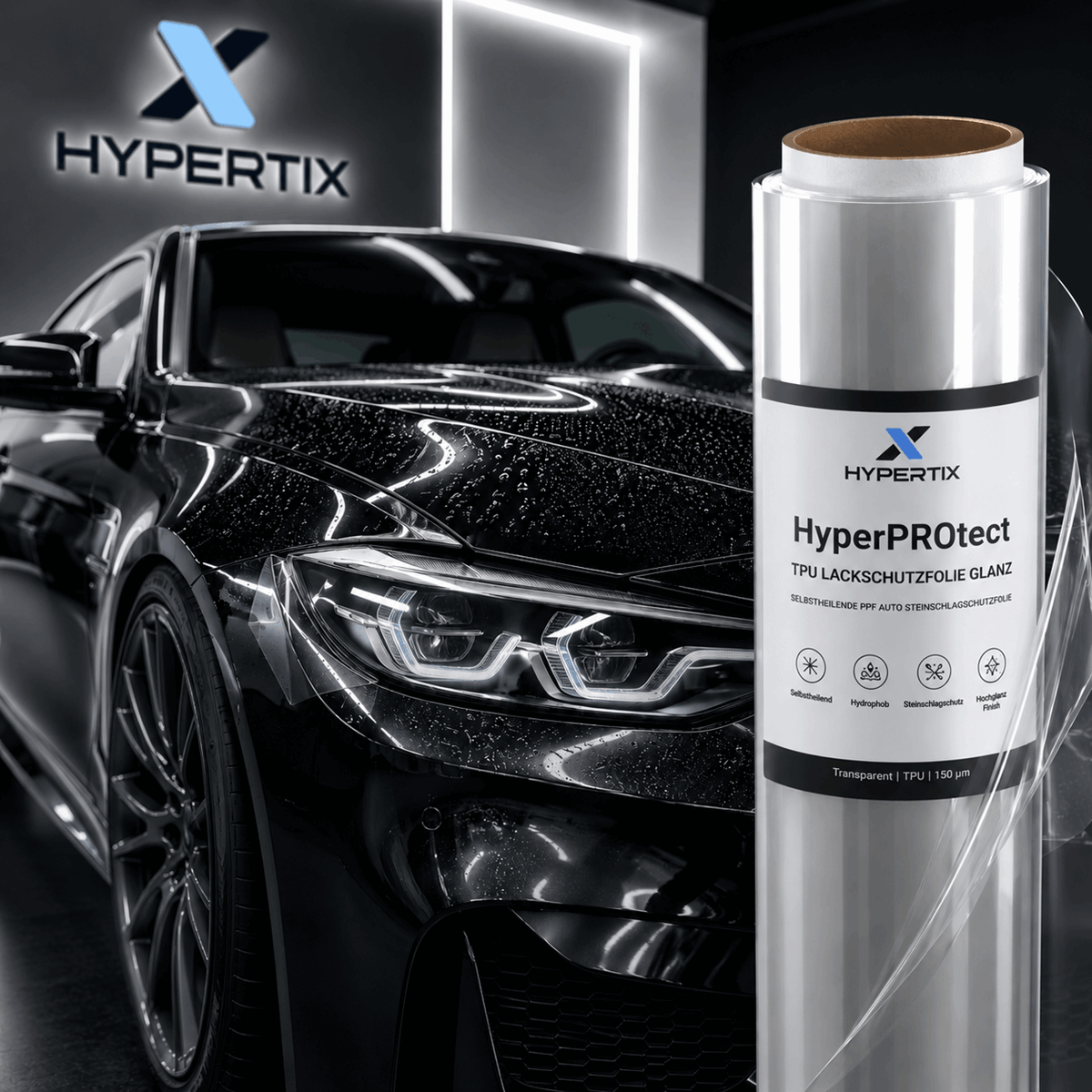HyperPROtect TPU Lackschutzfolie — Folienrolle mit HYPERTIX-Etikett vor foliertem schwarzen Fahrzeug