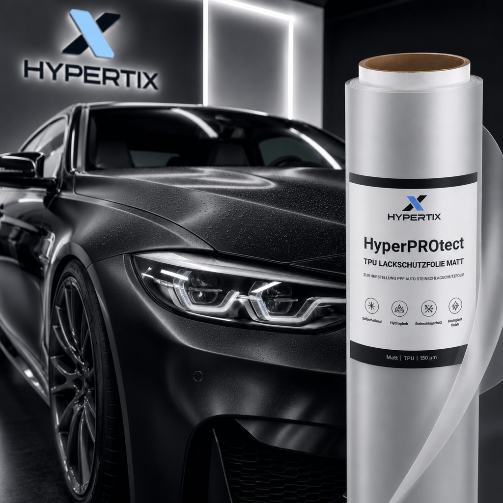 Matte transparente HyperPROtect Folienrolle auf der matten Haube eines dunklen Sportwagens