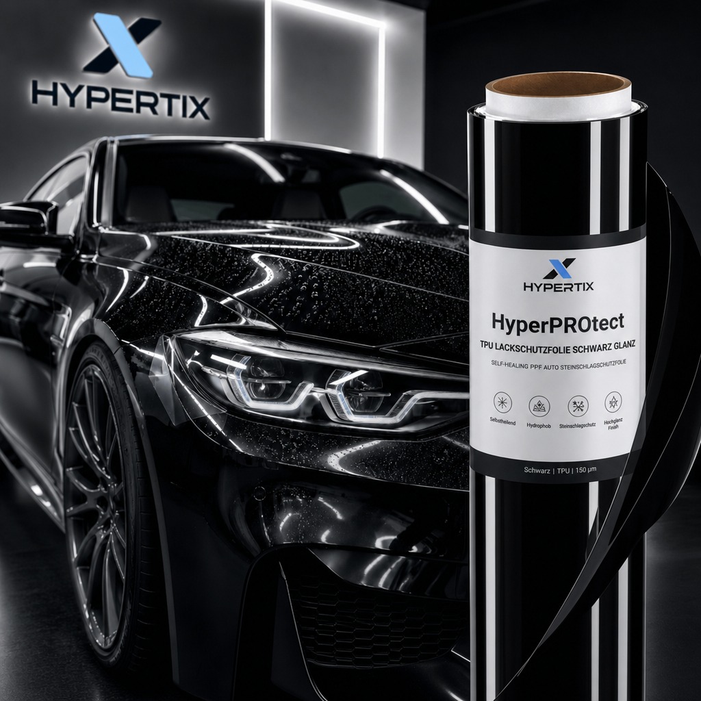 Schwarz glänzende HyperPROtect Folienrolle, teilweise abgerollt auf der Motorhaube eines dunklen Sportwagens